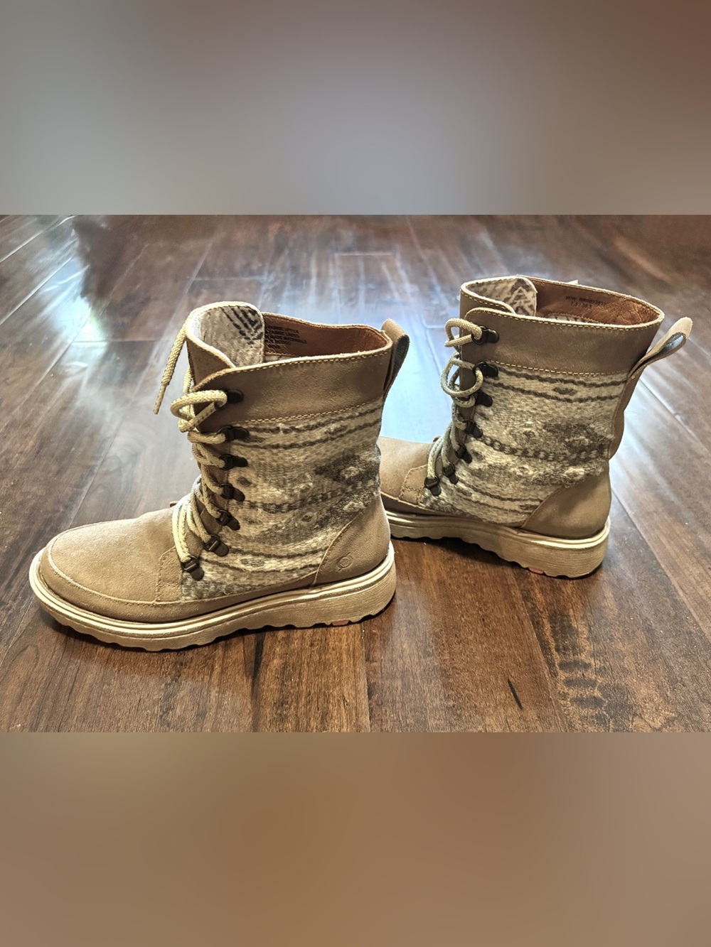 Born Oriana Beige Knit-Panel Lace-Up Boots